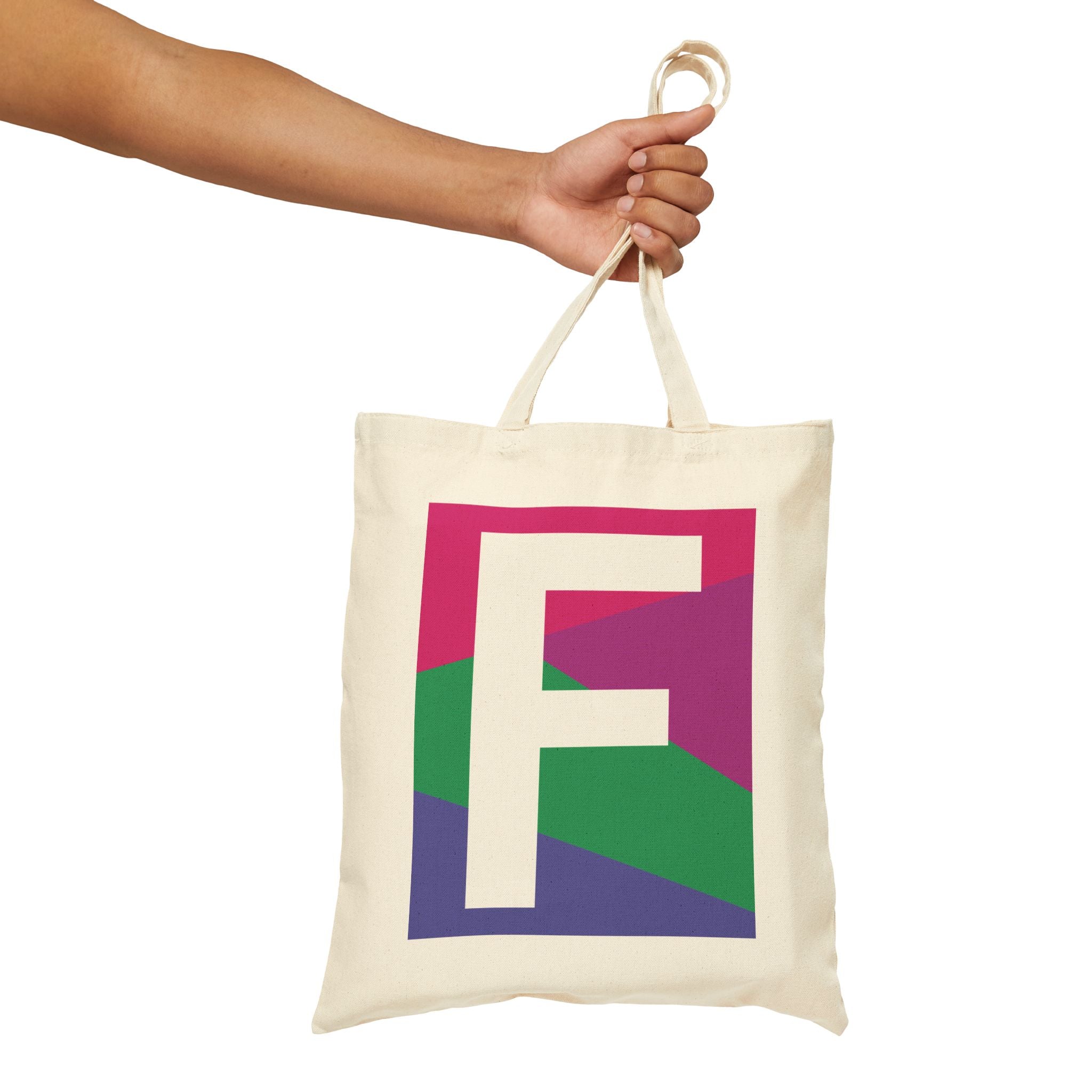 Initial F Colorblock Canvas Tote Bag — Monogram Letter F Reusable Grocery Tote