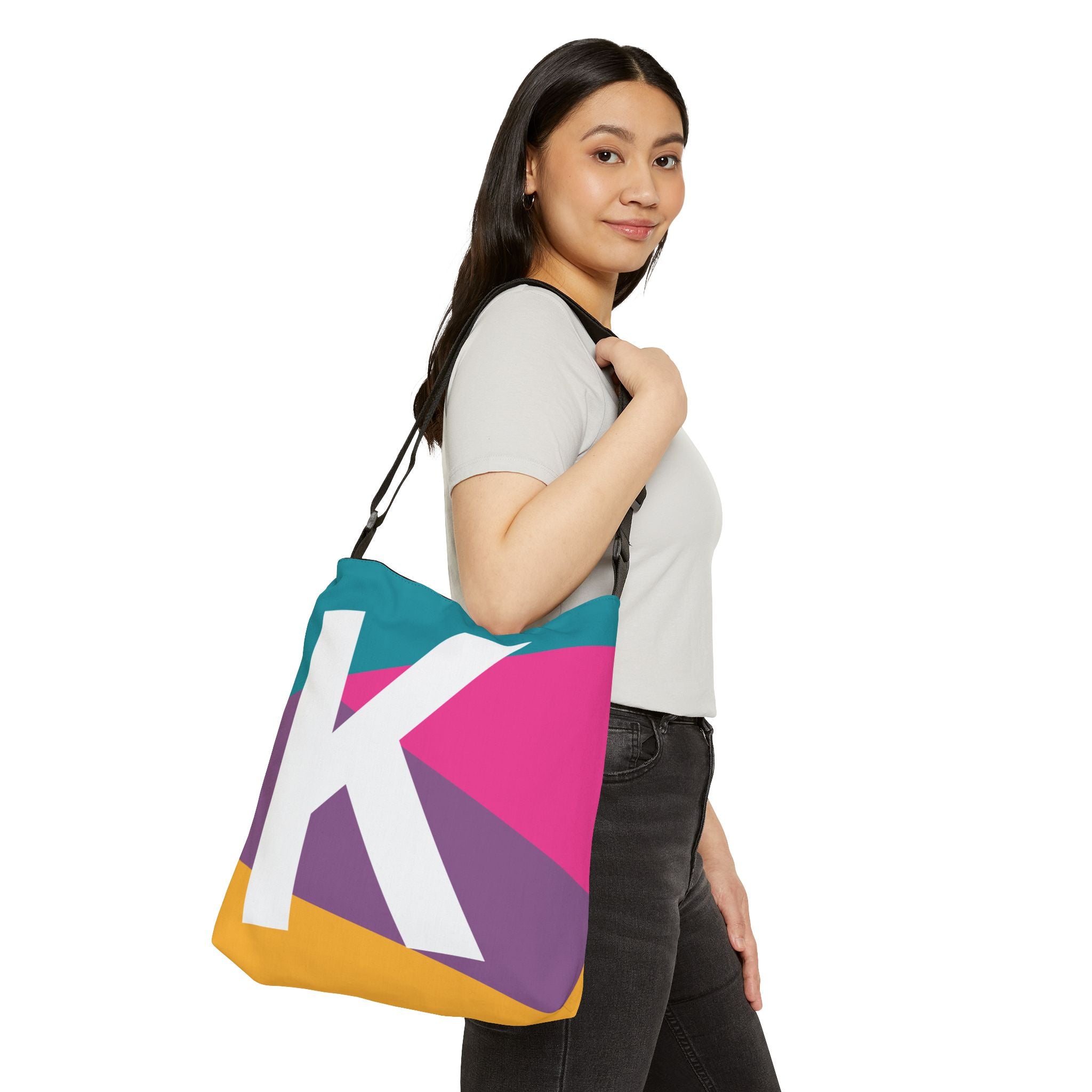 Initial Letter 'K' Colorblock Adjustable Tote Bag — Monogram Alphabet Shoulder Bag