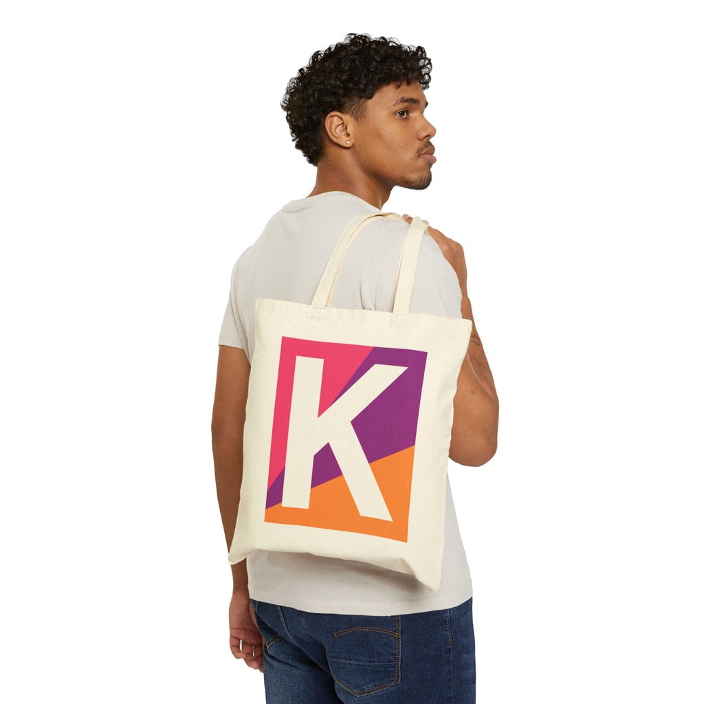 Initial K Colorblock Canvas Tote Bag — Monogram Letter K Reusable Grocery Tote