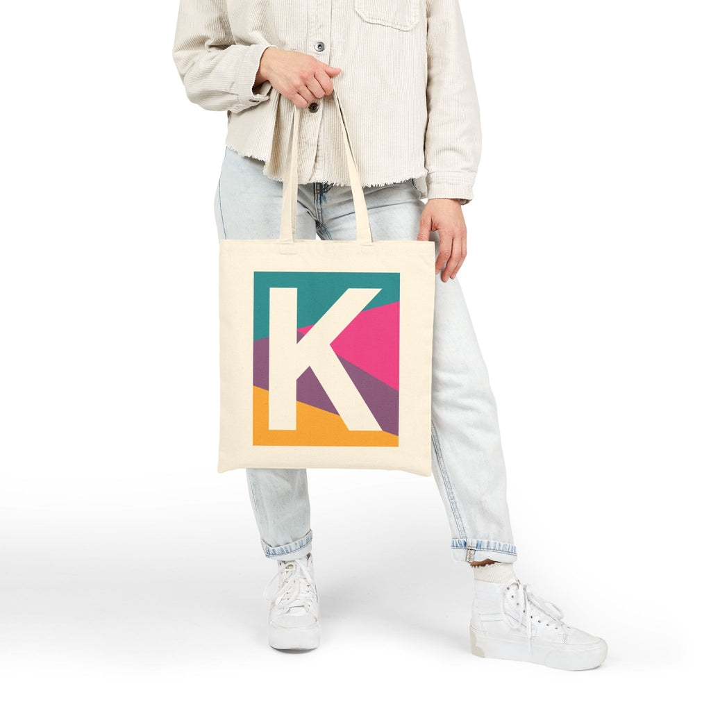 Initial K Colorblock Canvas Tote Bag — Monogram Letter K Reusable Grocery Tote