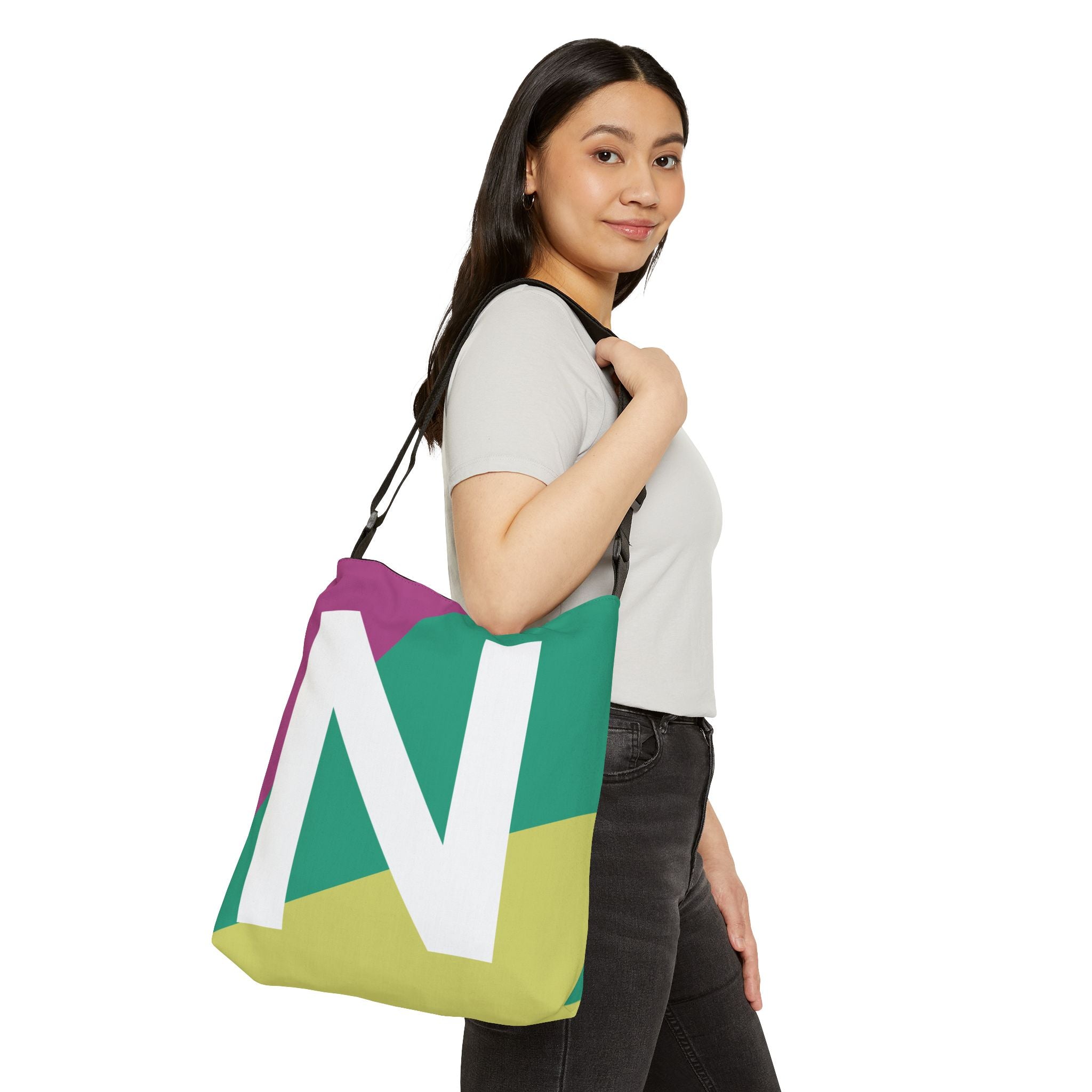 Initial Letter 'N' Colorblock Adjustable Tote Bag — Monogram Alphabet Shoulder Bag