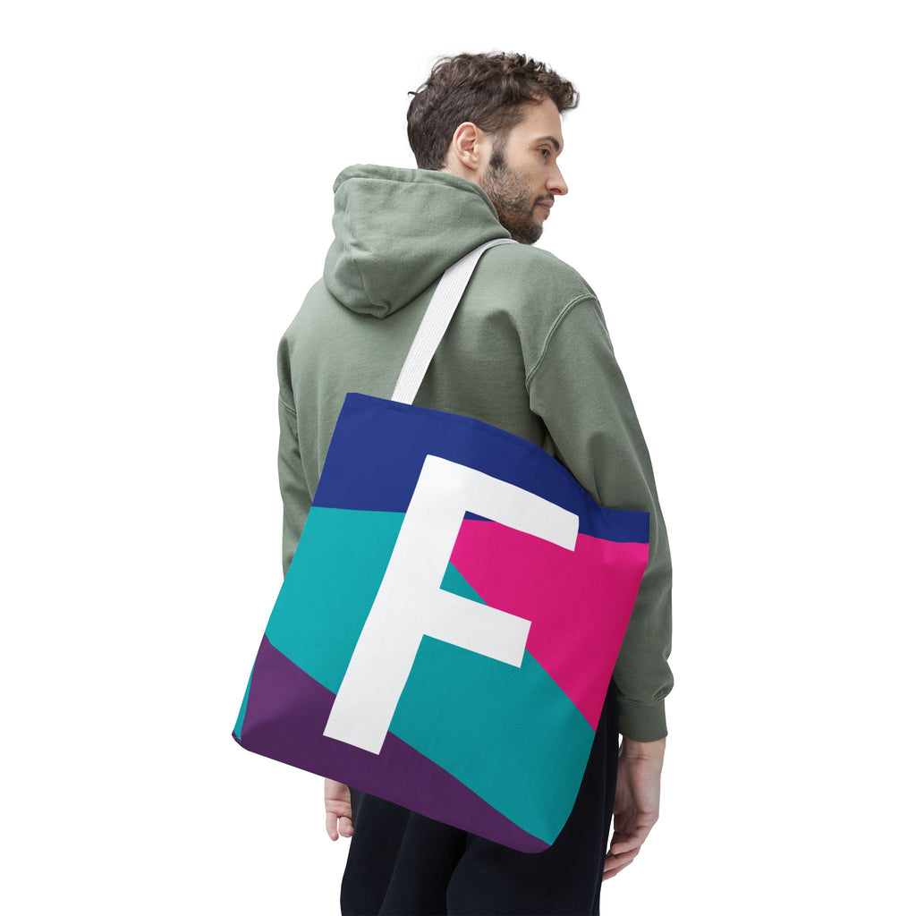 Monogram 'F' Colorblock Tote Bag — Personalized Initial F Shoulder Tote