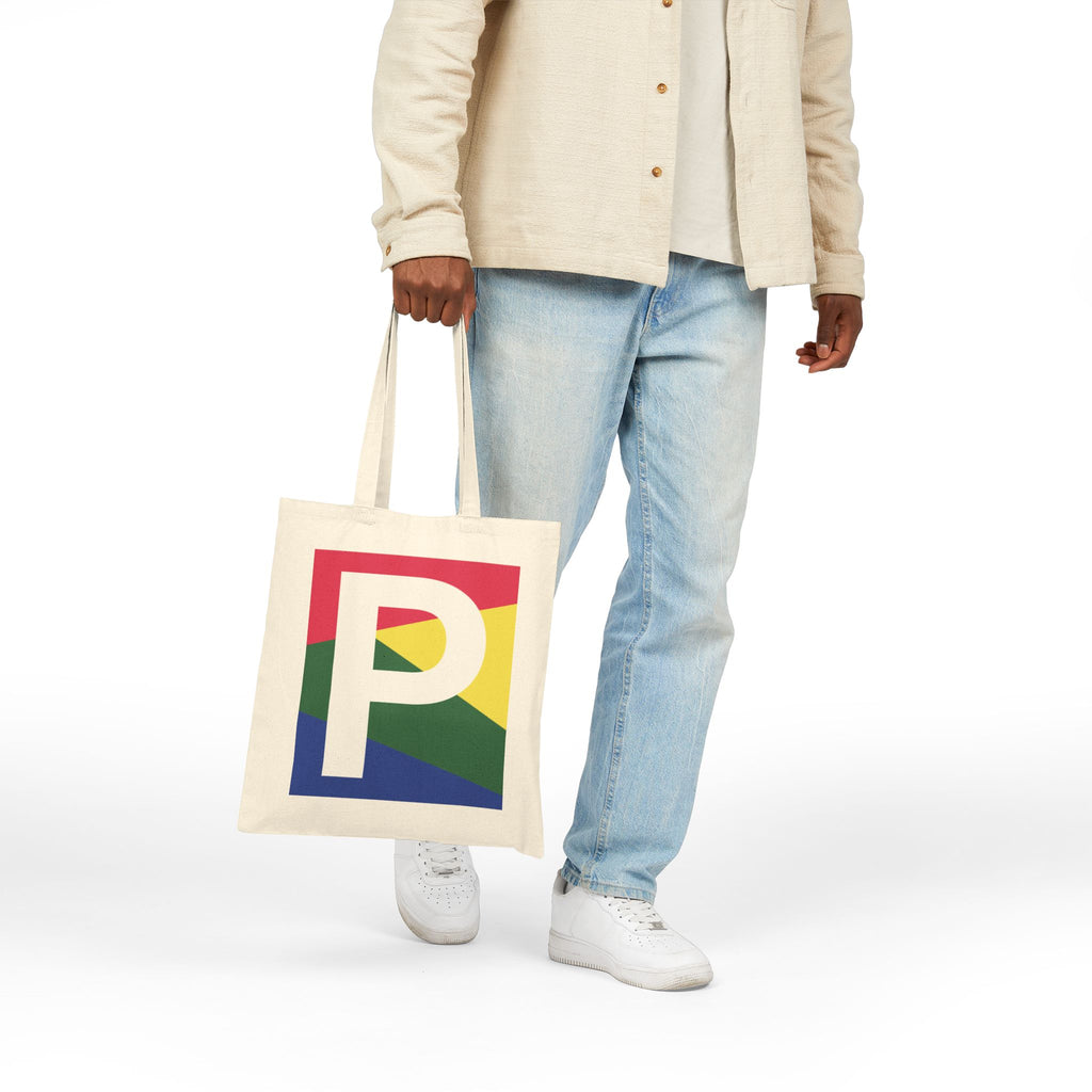 Initial P Colorblock Canvas Tote Bag — Monogram Letter P Reusable Grocery Tote