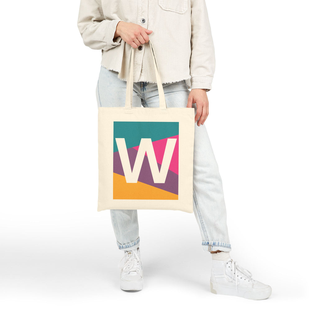 Initial W Colorblock Canvas Tote Bag — Monogram Letter W Reusable Grocery Tote