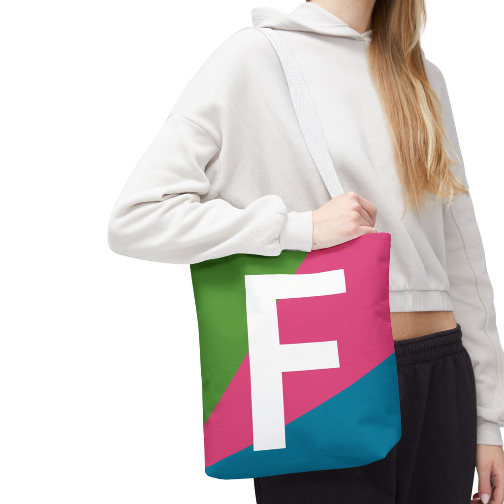 Monogram 'F' Colorblock Tote Bag — Personalized Initial F Shoulder Tote