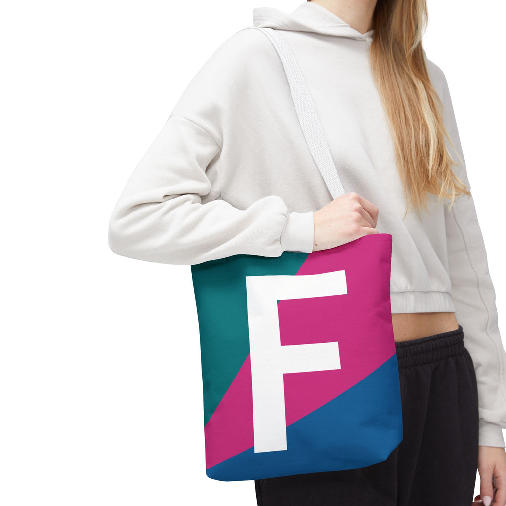 Monogram 'F' Colorblock Tote Bag — Personalized Initial F Shoulder Tote
