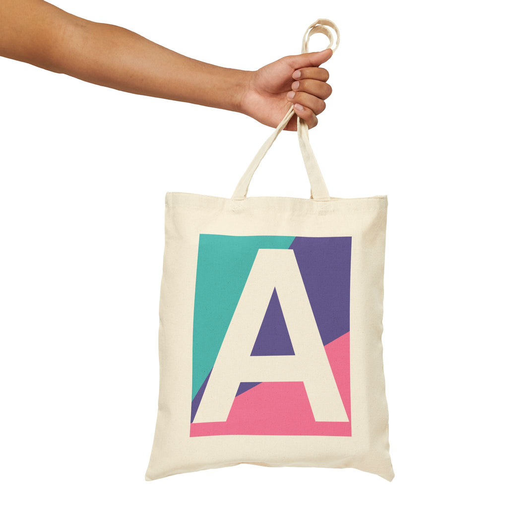Initial A Colorblock Canvas Tote Bag — Monogram Letter A Reusable Grocery Tote