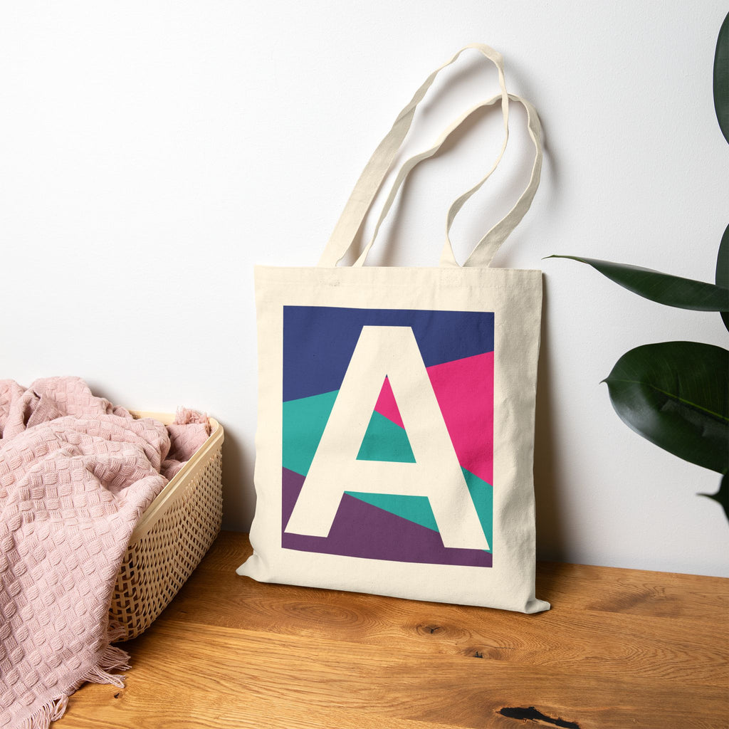 Initial A Colorblock Canvas Tote Bag — Monogram Letter A Reusable Grocery Tote