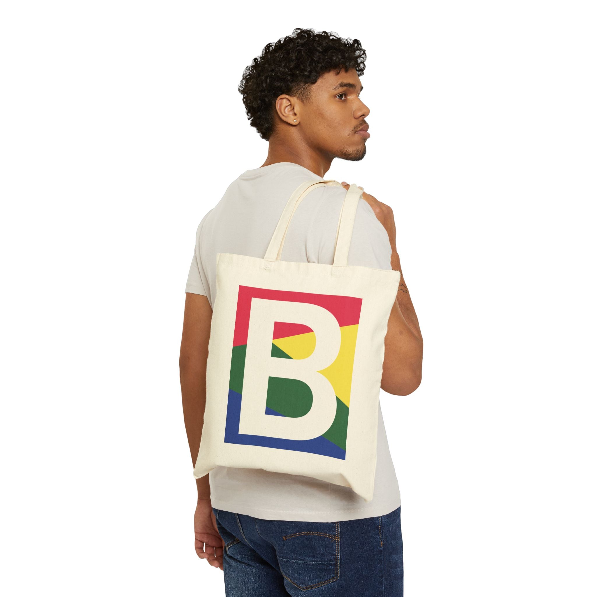 Initial B Colorblock Canvas Tote Bag — Monogram Letter B Reusable Grocery Tote