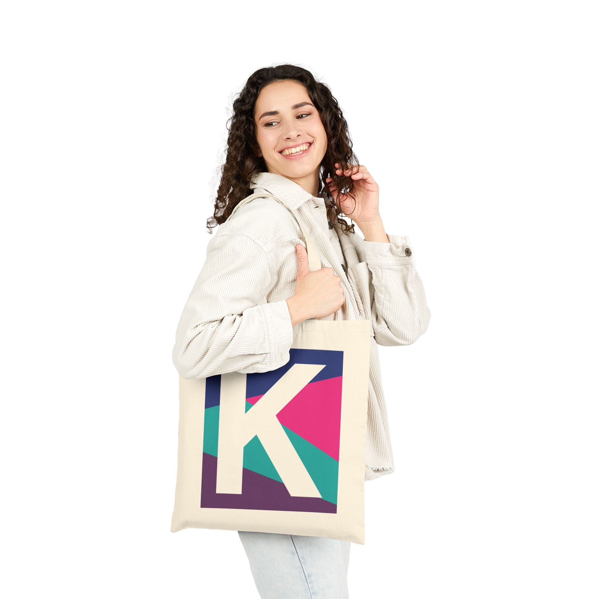Initial K Colorblock Canvas Tote Bag — Monogram Letter K Reusable Grocery Tote