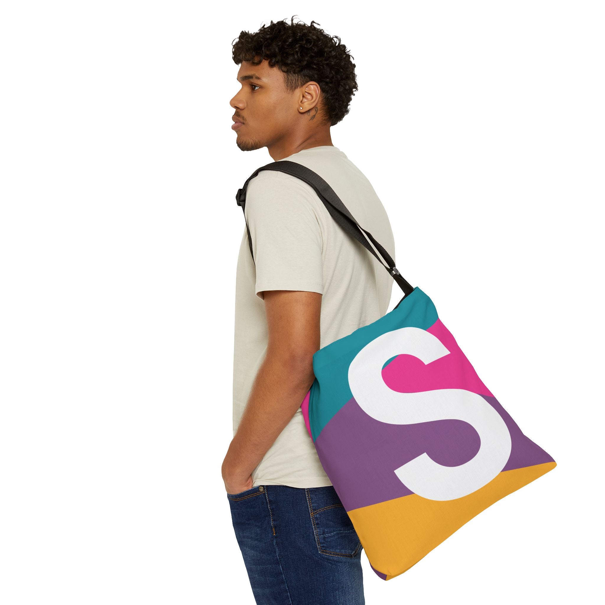 Initial Letter 'S' Colorblock Adjustable Tote Bag — Monogram Alphabet Shoulder Bag