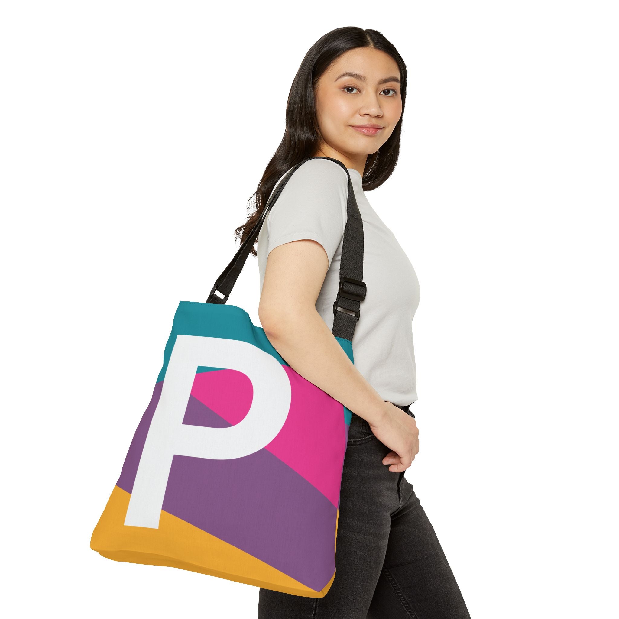 Initial Letter 'P' Colorblock Adjustable Tote Bag — Monogram Alphabet Shoulder Bag