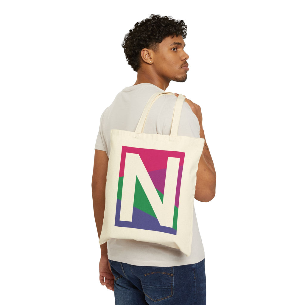 Initial N Colorblock Canvas Tote Bag — Monogram Letter N Reusable Grocery Tote
