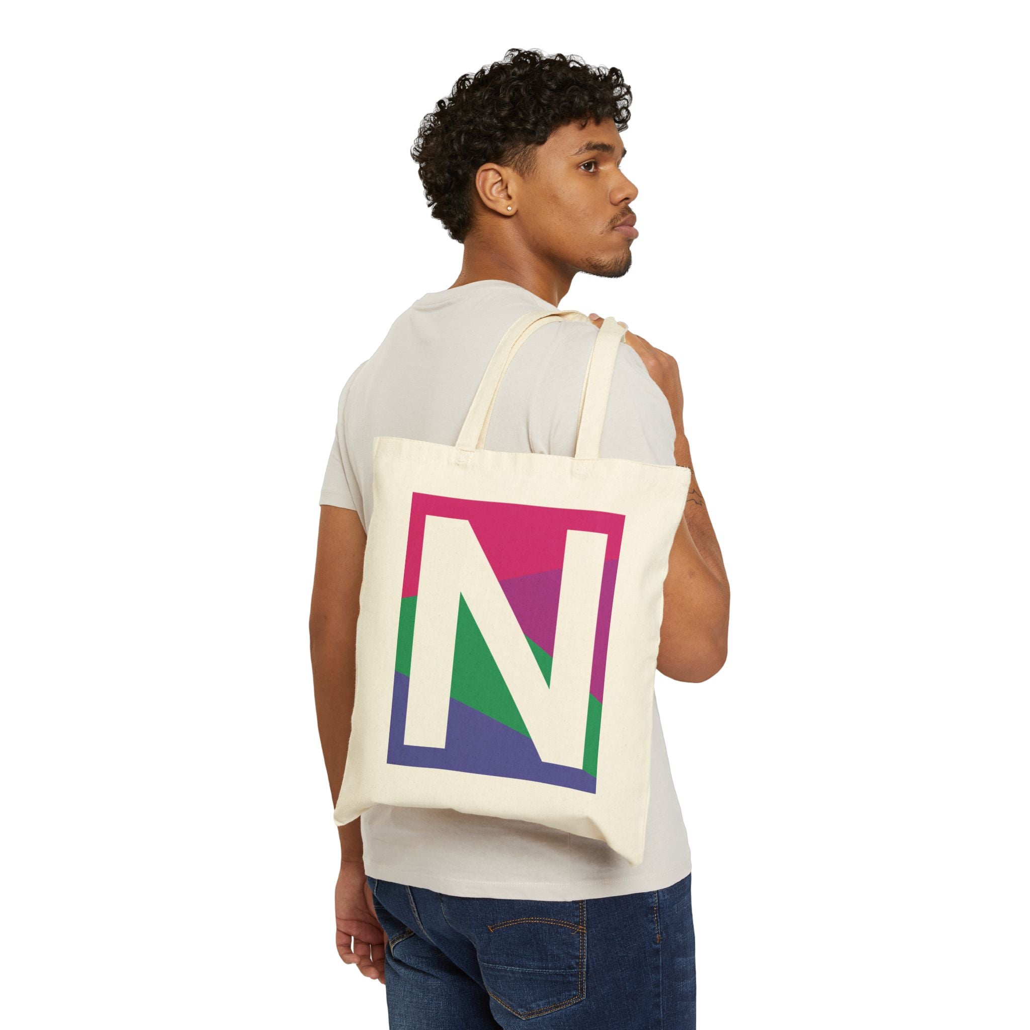 Initial N Colorblock Canvas Tote Bag — Monogram Letter N Reusable Grocery Tote