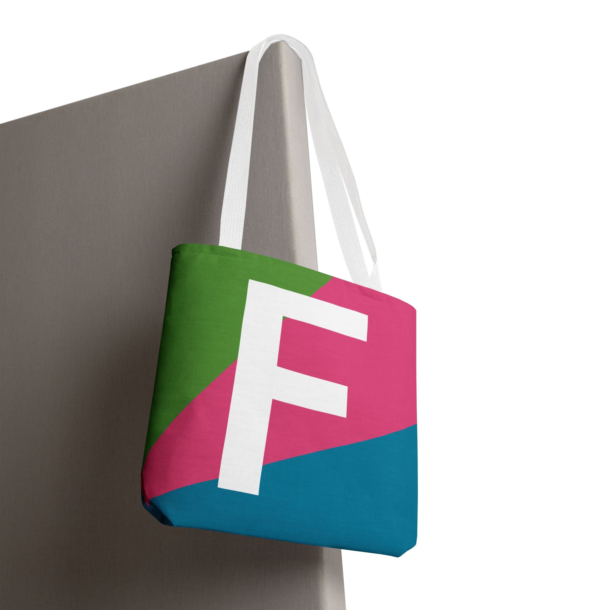 Monogram 'F' Colorblock Tote Bag — Personalized Initial F Shoulder Tote