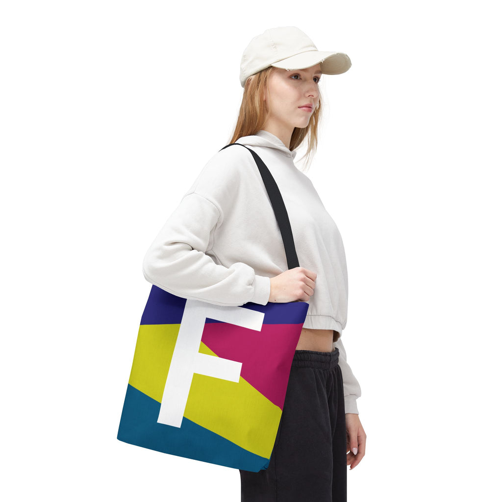 Monogram 'F' Colorblock Tote Bag — Personalized Initial F Shoulder Tote