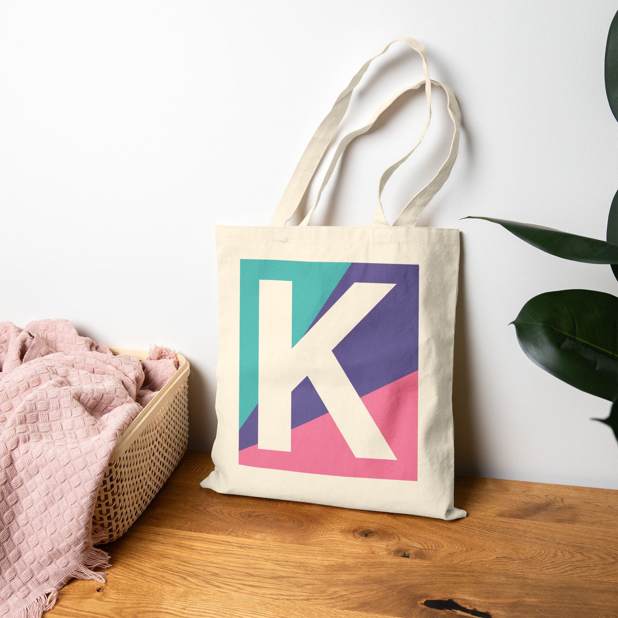 Initial K Colorblock Canvas Tote Bag — Monogram Letter K Reusable Grocery Tote
