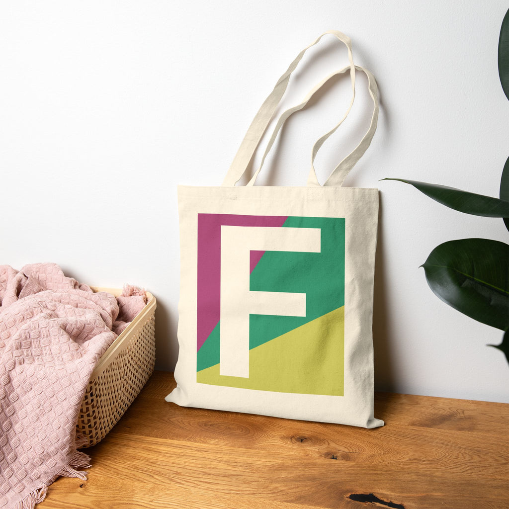 Initial F Colorblock Canvas Tote Bag — Monogram Letter F Reusable Grocery Tote
