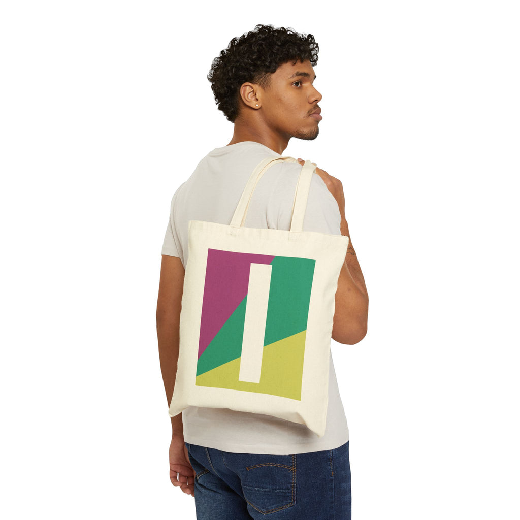 Initial I Colorblock Canvas Tote Bag — Monogram Letter I Reusable Grocery Tote