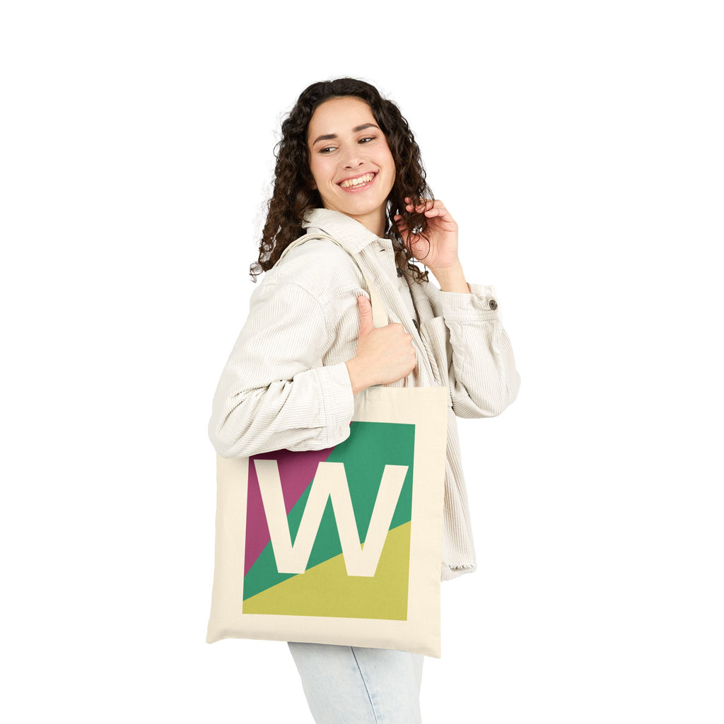Initial W Colorblock Canvas Tote Bag — Monogram Letter W Reusable Grocery Tote