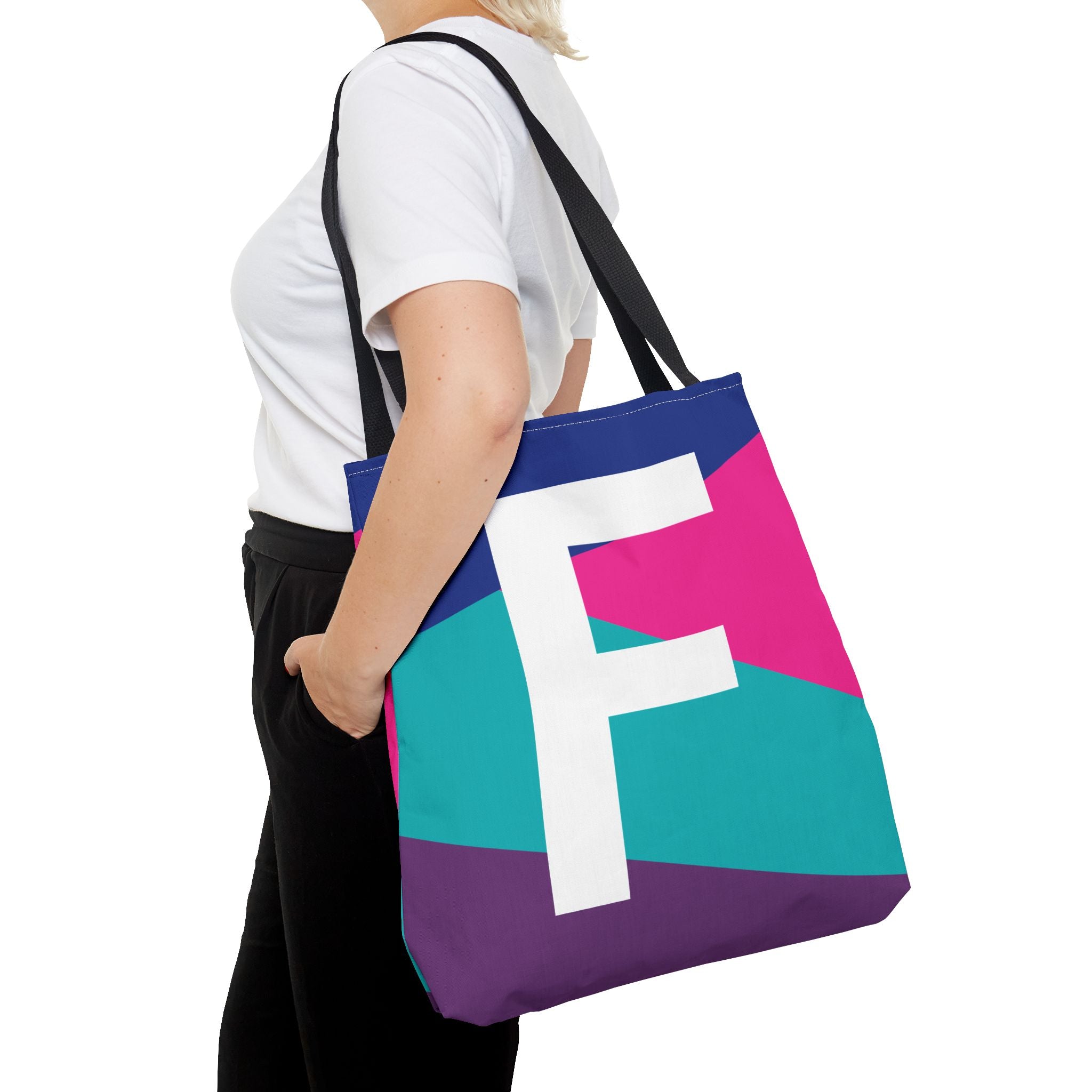 Monogram 'F' Colorblock Tote Bag — Personalized Initial F Shoulder Tote
