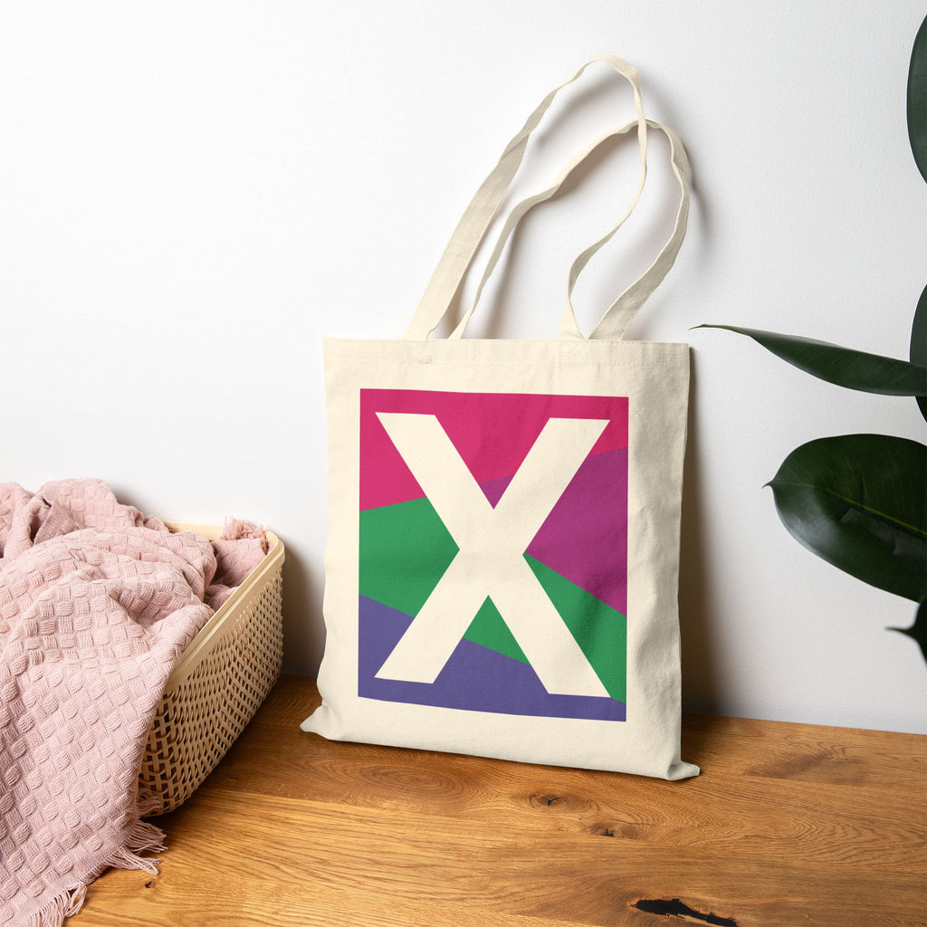Initial X Colorblock Canvas Tote Bag — Monogram Letter X Reusable Grocery Tote