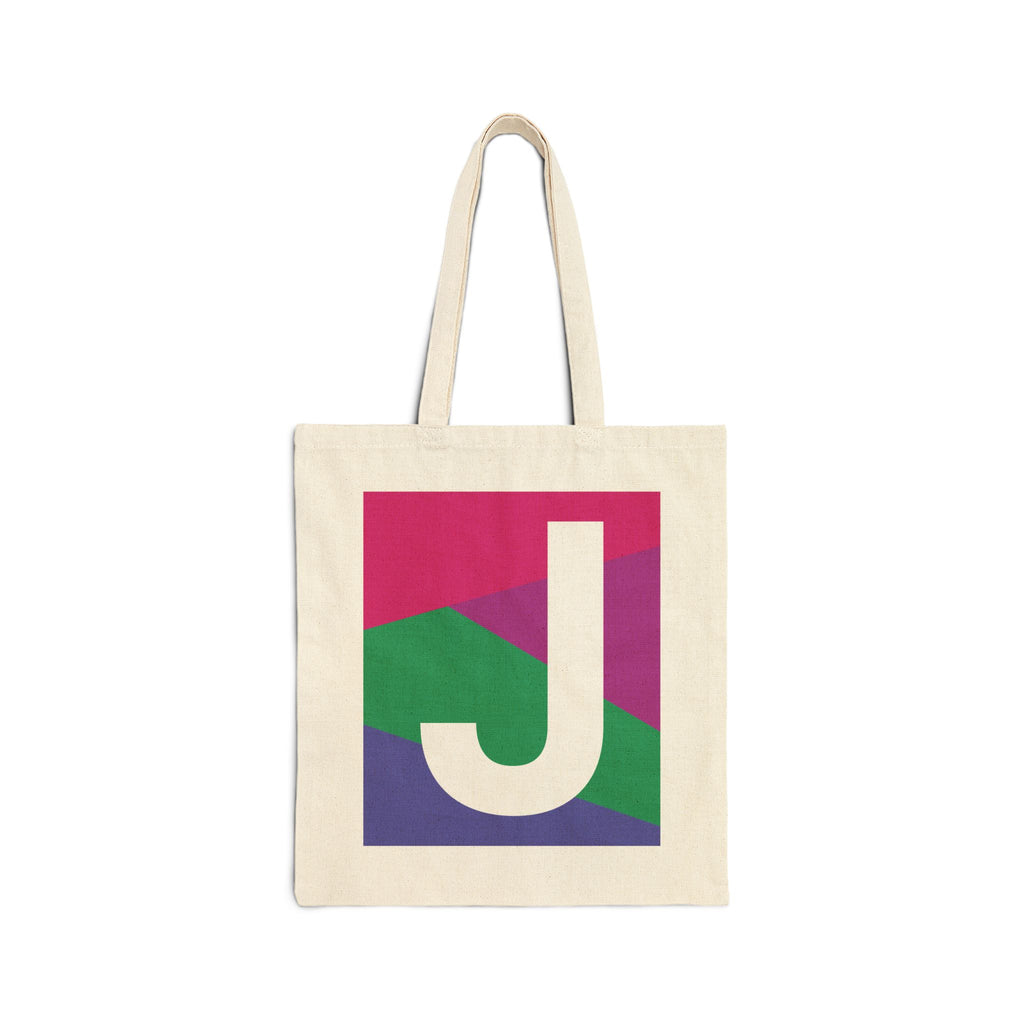 Initial J Colorblock Canvas Tote Bag — Monogram Letter J Reusable Grocery Tote