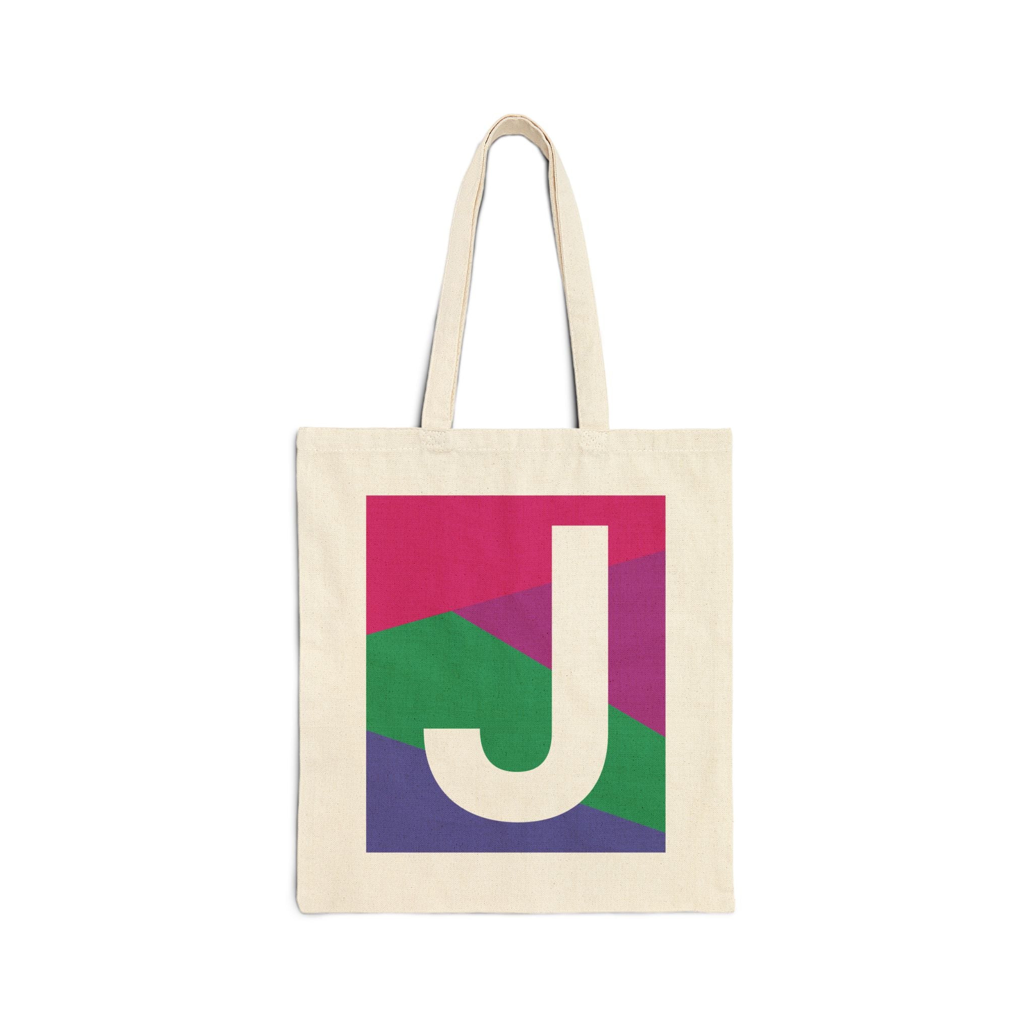 Initial J Colorblock Canvas Tote Bag — Monogram Letter J Reusable Grocery Tote