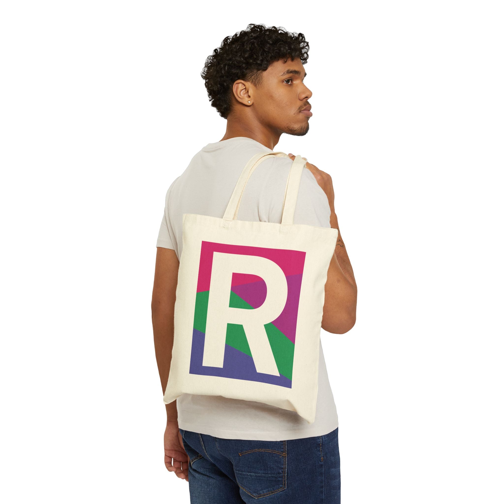Initial R Colorblock Canvas Tote Bag — Monogram Letter R Reusable Grocery Tote