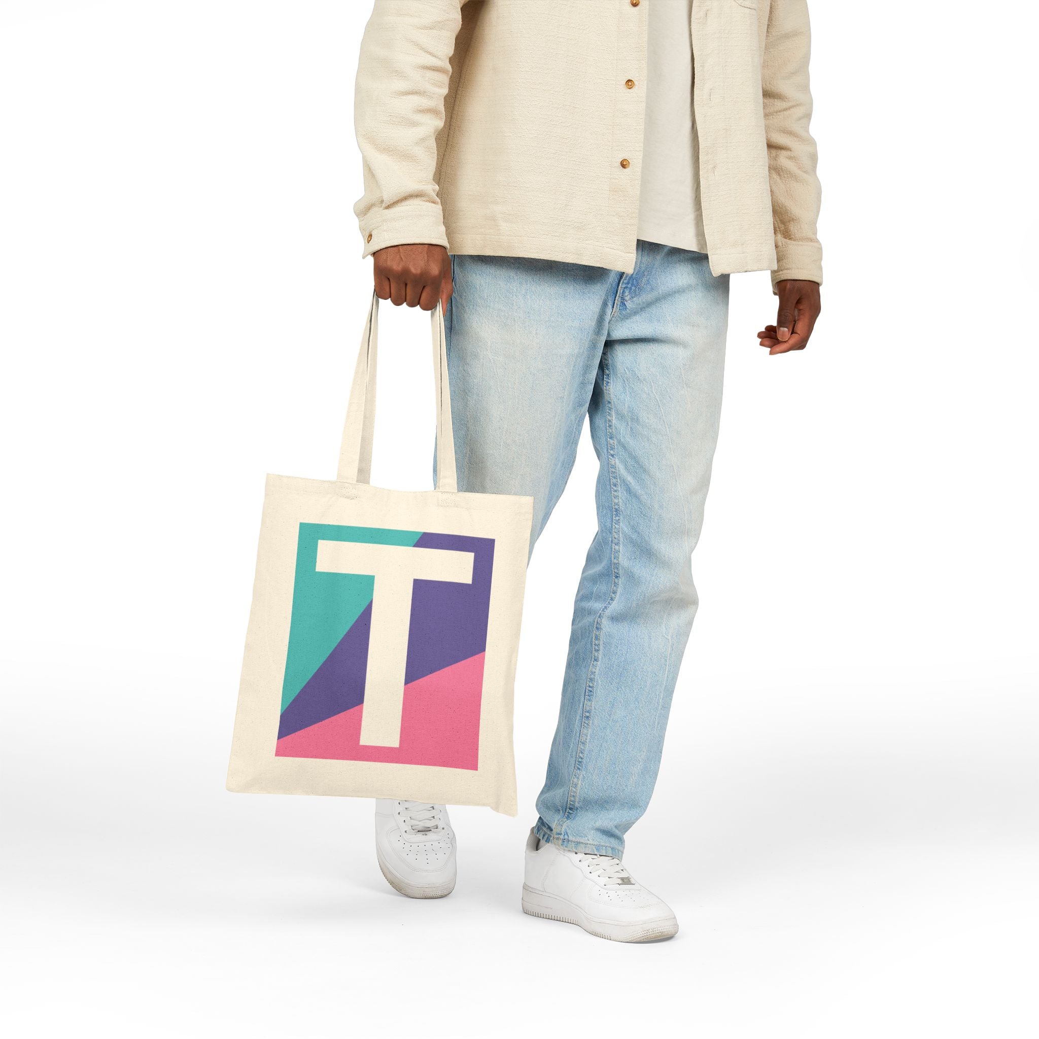 Initial T Colorblock Canvas Tote Bag — Monogram Letter T Reusable Grocery Tote