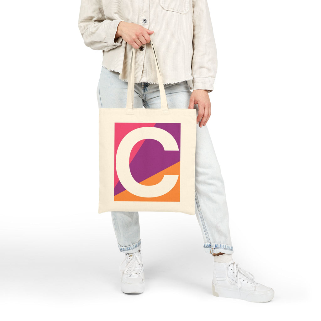Initial C Colorblock Canvas Tote Bag — Monogram Letter C Reusable Grocery Tote