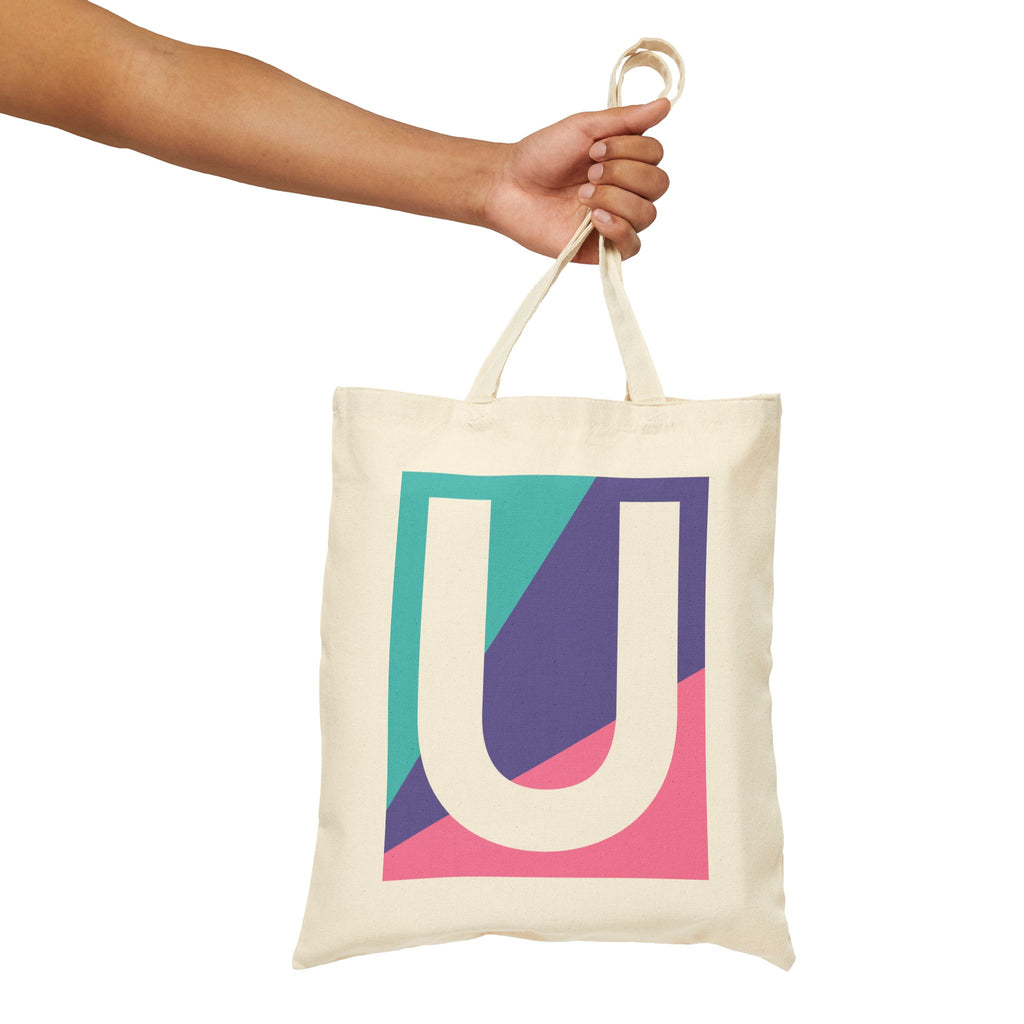 Initial U Colorblock Canvas Tote Bag — Monogram Letter U Reusable Grocery Tote