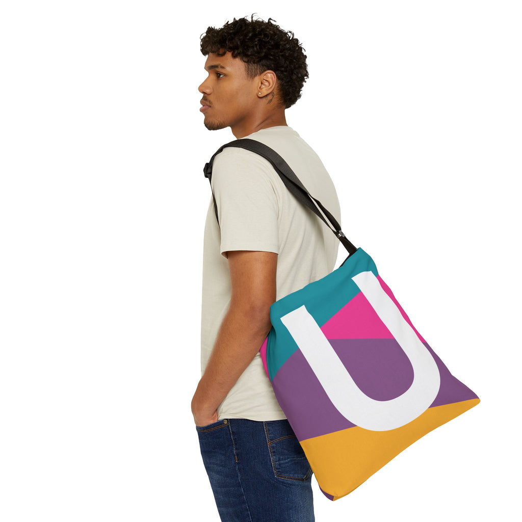 Initial Letter 'U' Colorblock Adjustable Tote Bag — Monogram Alphabet Shoulder Bag