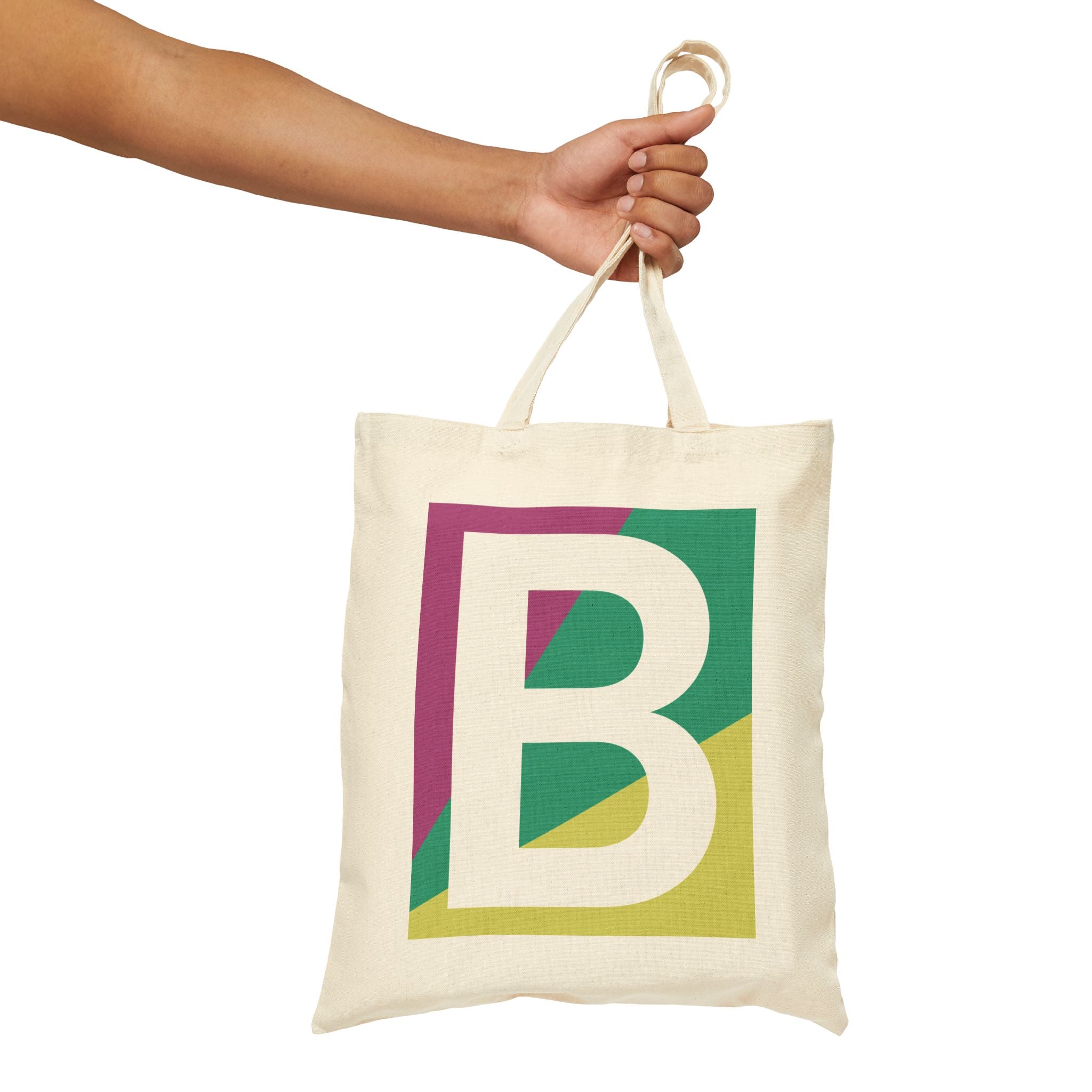 Initial B Colorblock Canvas Tote Bag — Monogram Letter B Reusable Grocery Tote