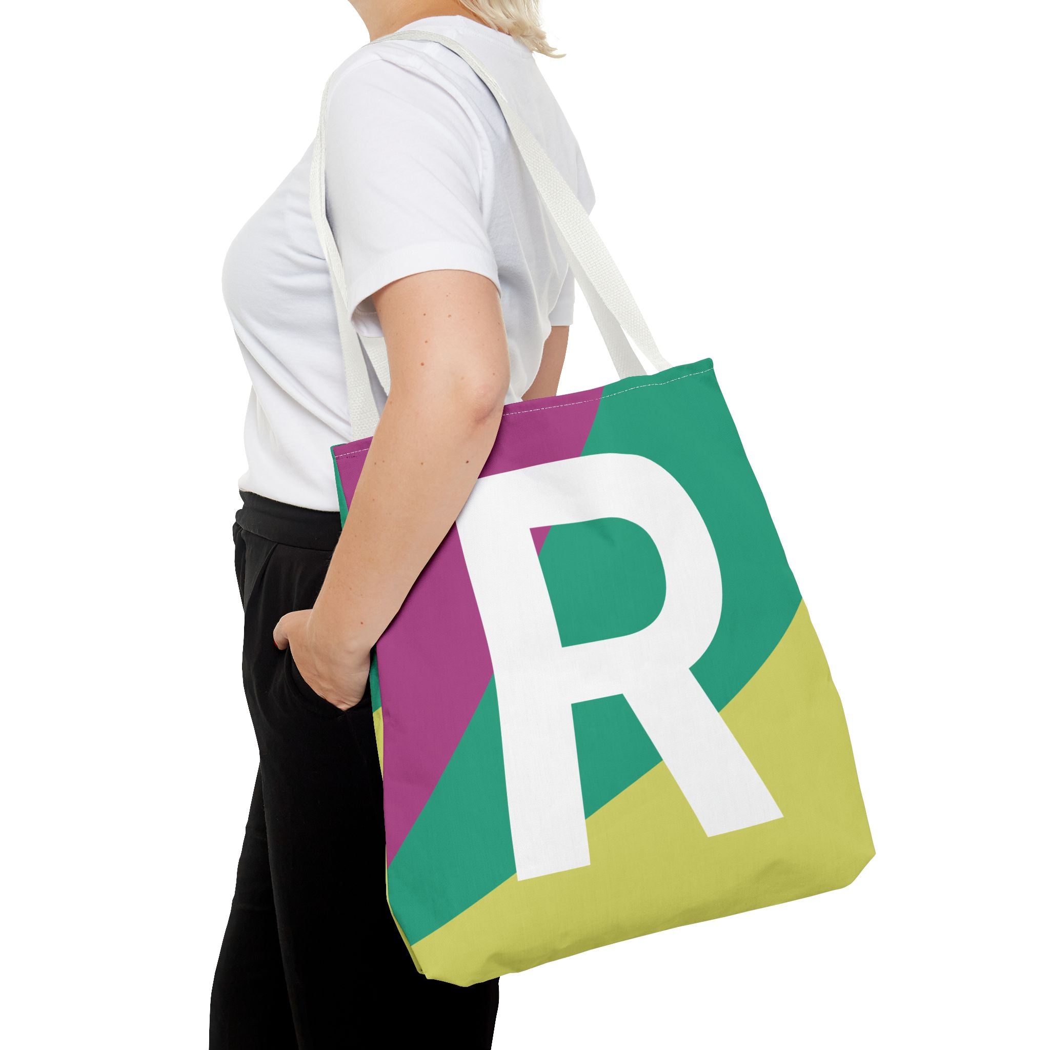 Monogram 'R' Colorblock Tote Bag — Personalized Initial R Shoulder Tote
