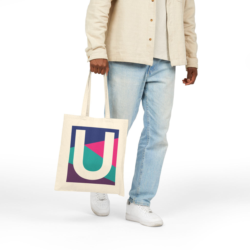 Initial U Colorblock Canvas Tote Bag — Monogram Letter U Reusable Grocery Tote