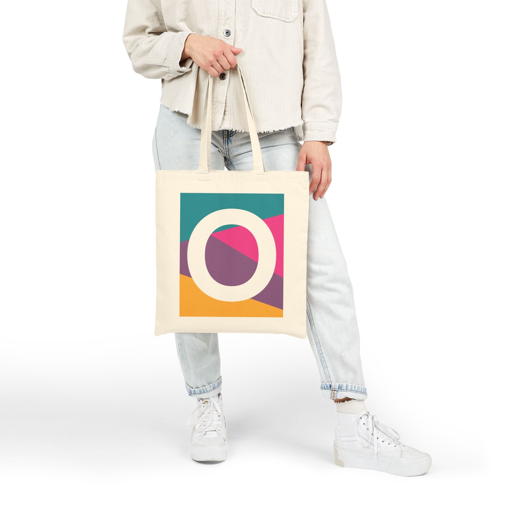 Initial O Colorblock Canvas Tote Bag — Monogram Letter O Reusable Grocery Tote