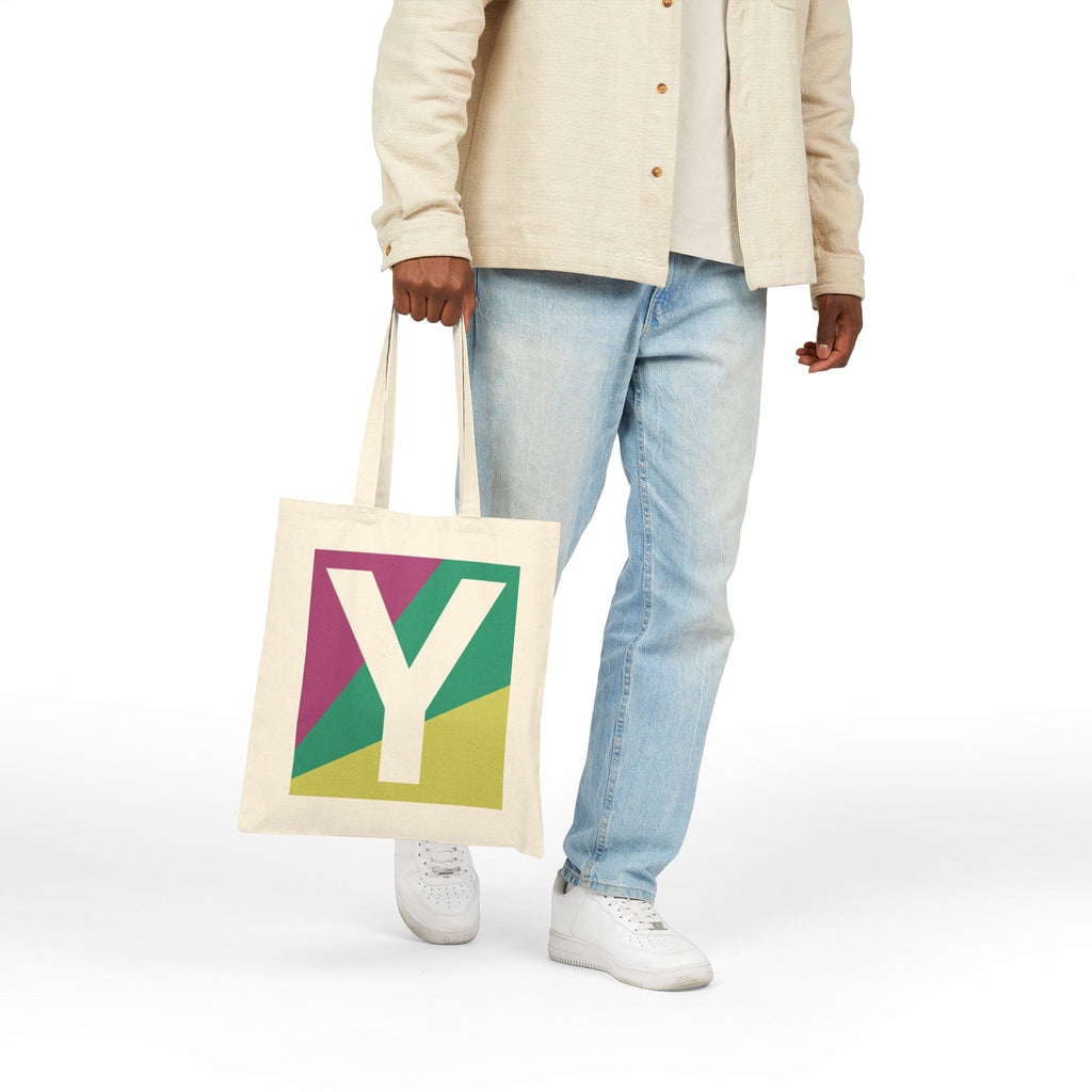 Initial Y Colorblock Canvas Tote Bag — Monogram Letter Y Reusable Grocery Tote
