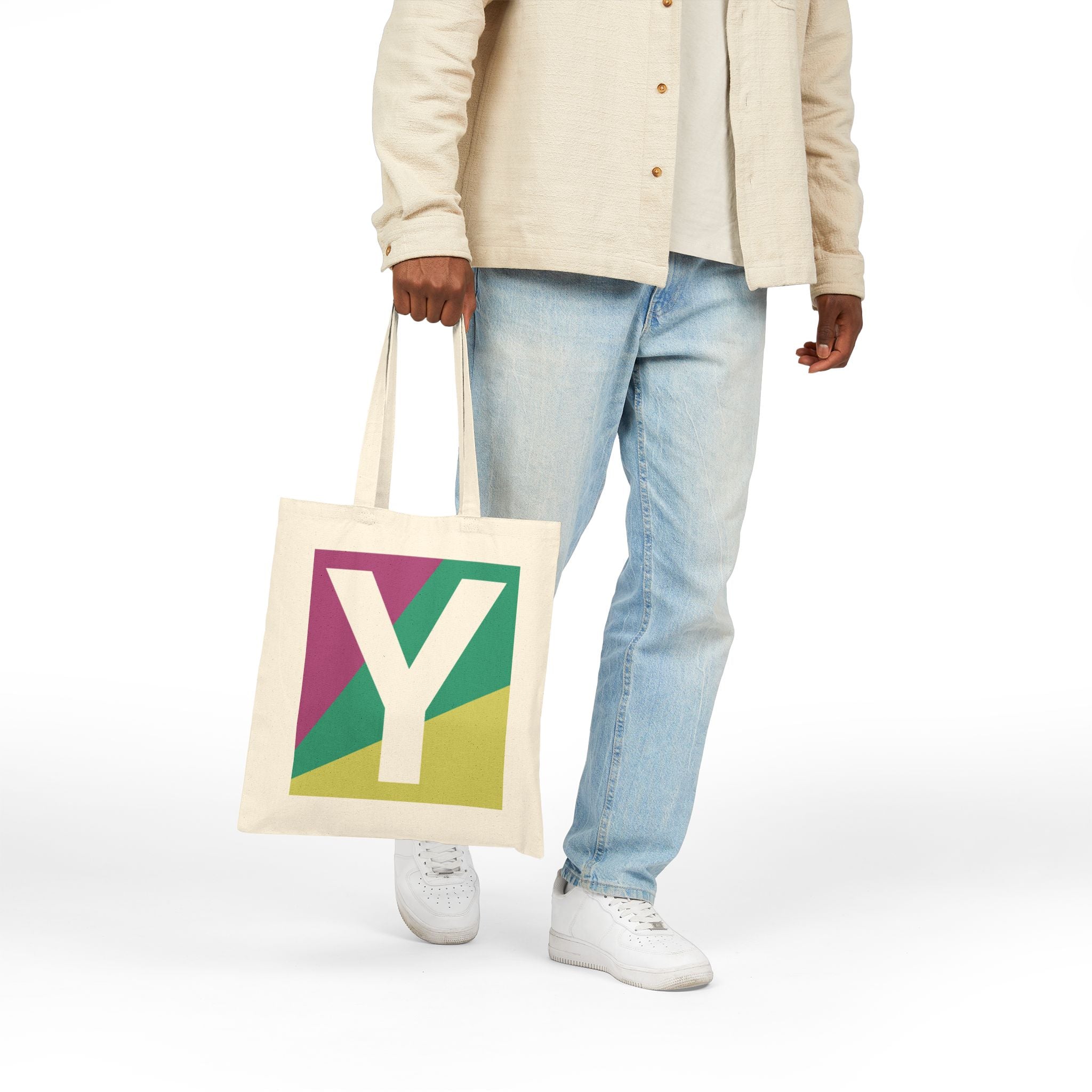 Initial Y Colorblock Canvas Tote Bag — Monogram Letter Y Reusable Grocery Tote