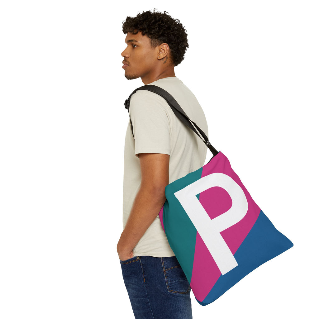 Initial Letter 'P' Colorblock Adjustable Tote Bag — Monogram Alphabet Shoulder Bag