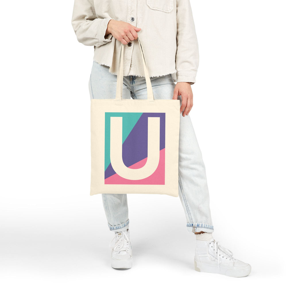 Initial U Colorblock Canvas Tote Bag — Monogram Letter U Reusable Grocery Tote