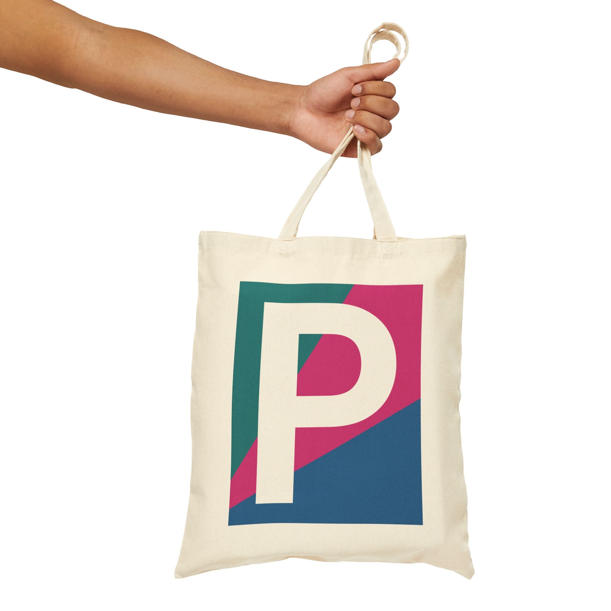 Initial P Colorblock Canvas Tote Bag — Monogram Letter P Reusable Grocery Tote