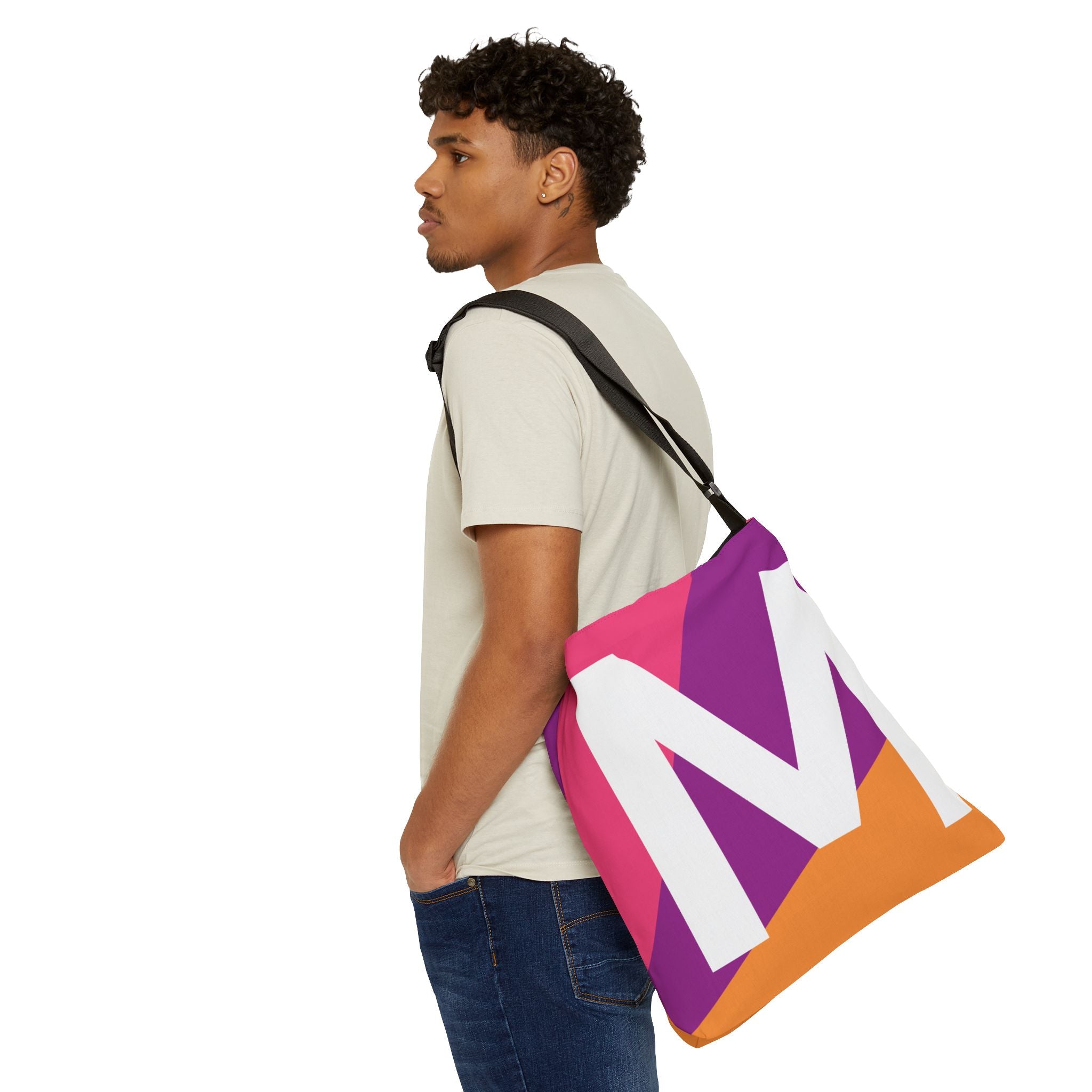 Initial Letter 'M' Colorblock Adjustable Tote Bag — Monogram Alphabet Shoulder Bag