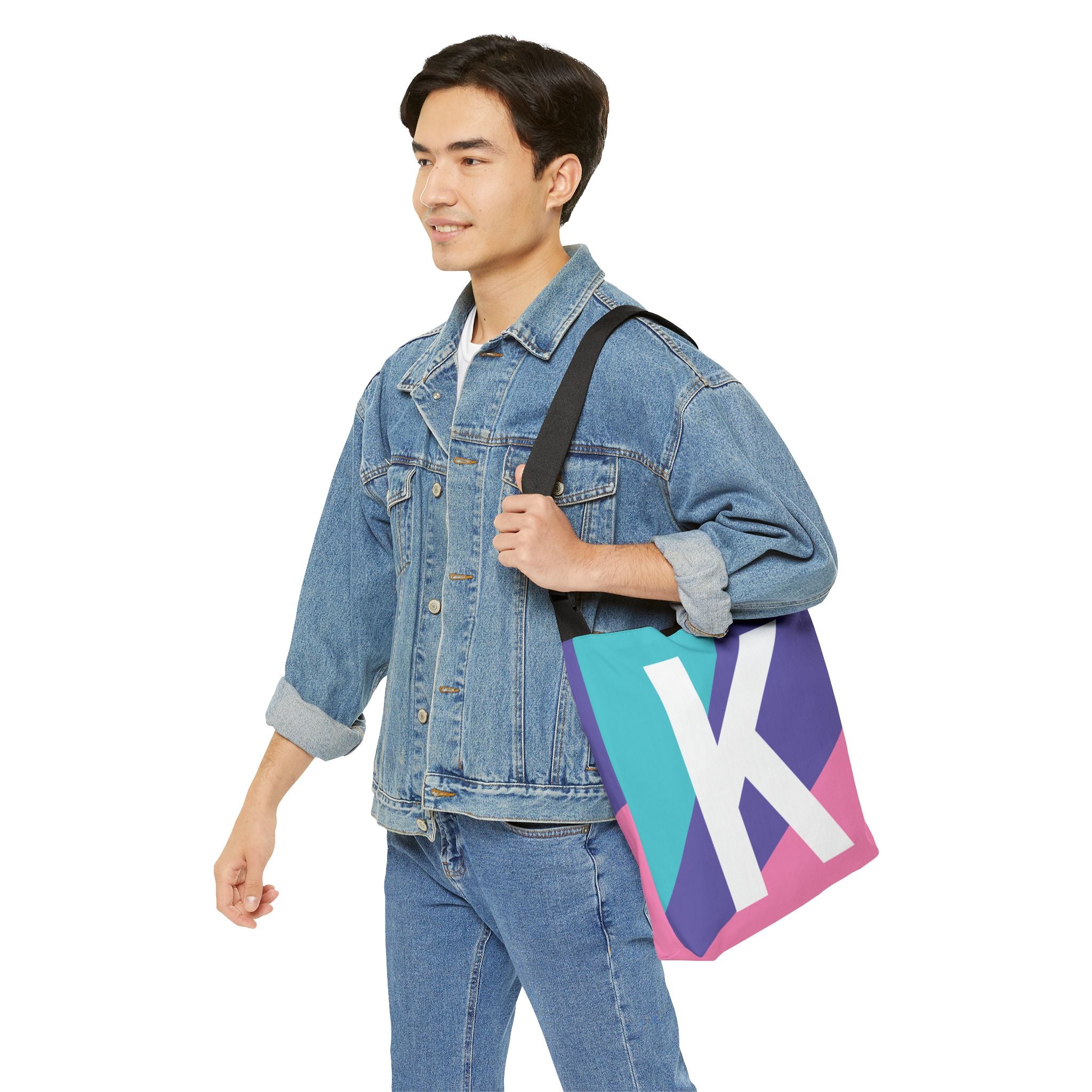 Initial Letter 'K' Colorblock Adjustable Tote Bag — Monogram Alphabet Shoulder Bag