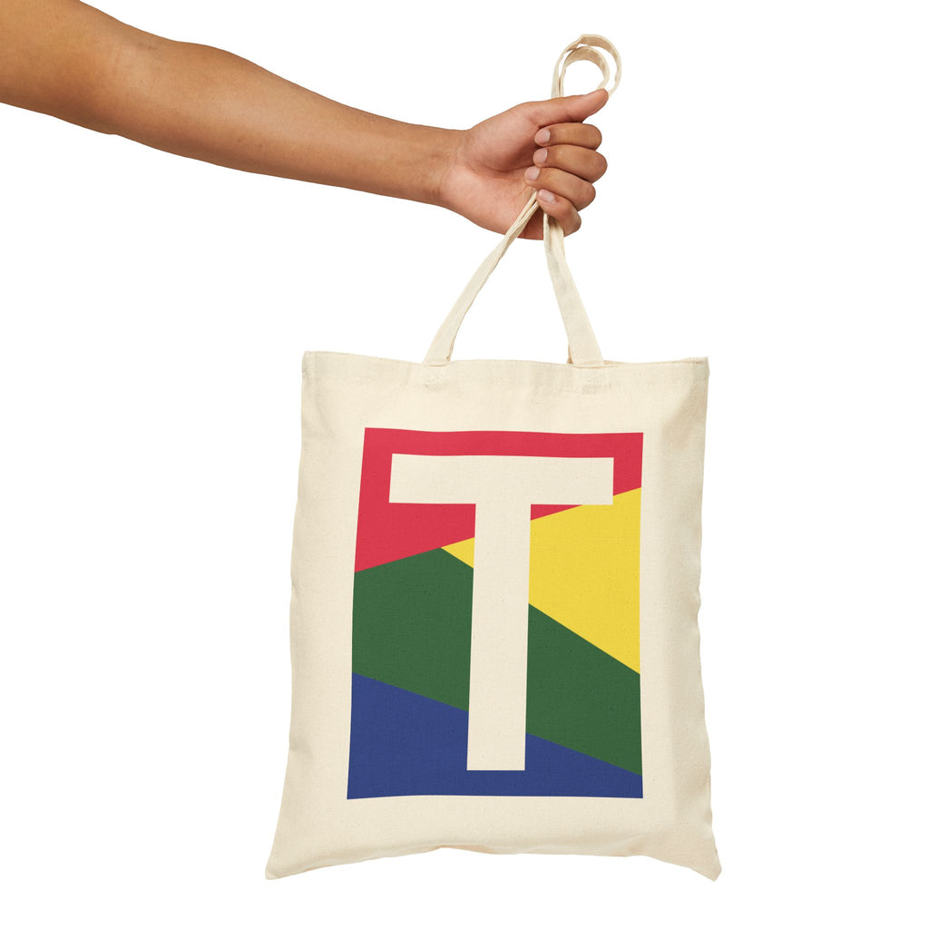 Initial T Colorblock Canvas Tote Bag — Monogram Letter T Reusable Grocery Tote