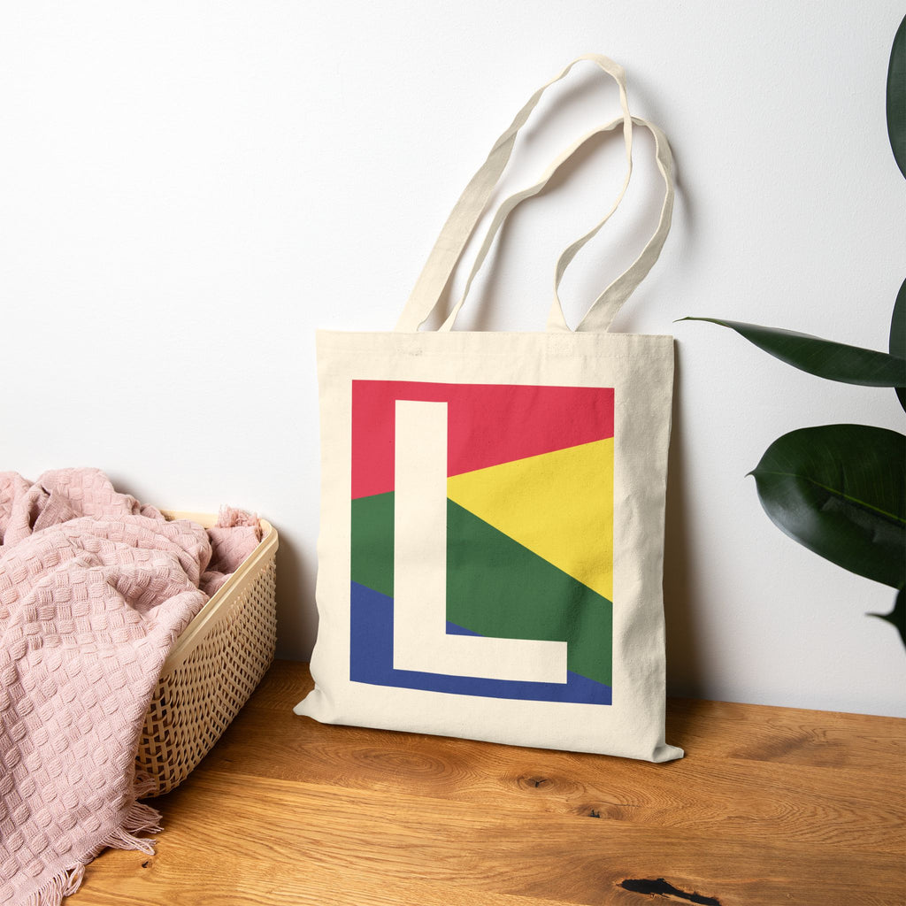 Initial L Colorblock Canvas Tote Bag — Monogram Letter L Reusable Grocery Tote