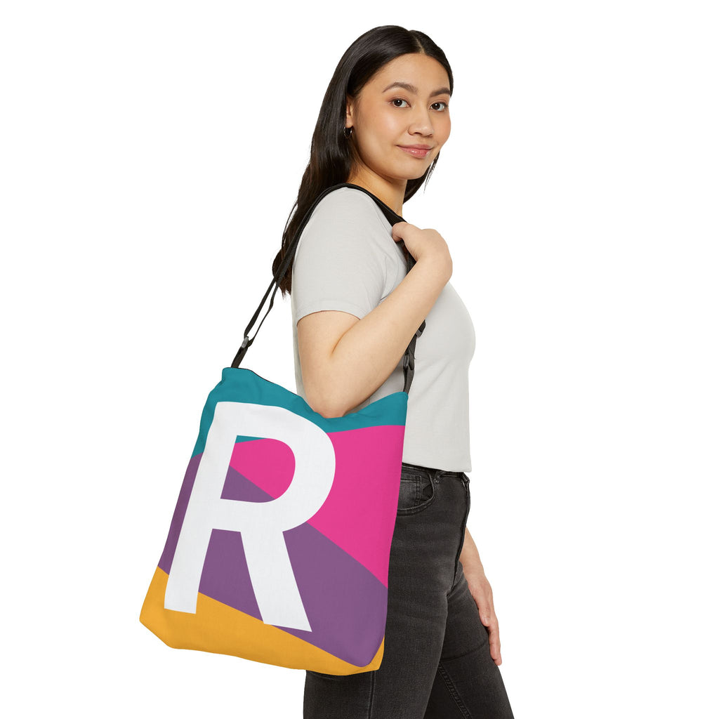 Initial Letter 'R' Colorblock Adjustable Tote Bag — Monogram Alphabet Shoulder Bag