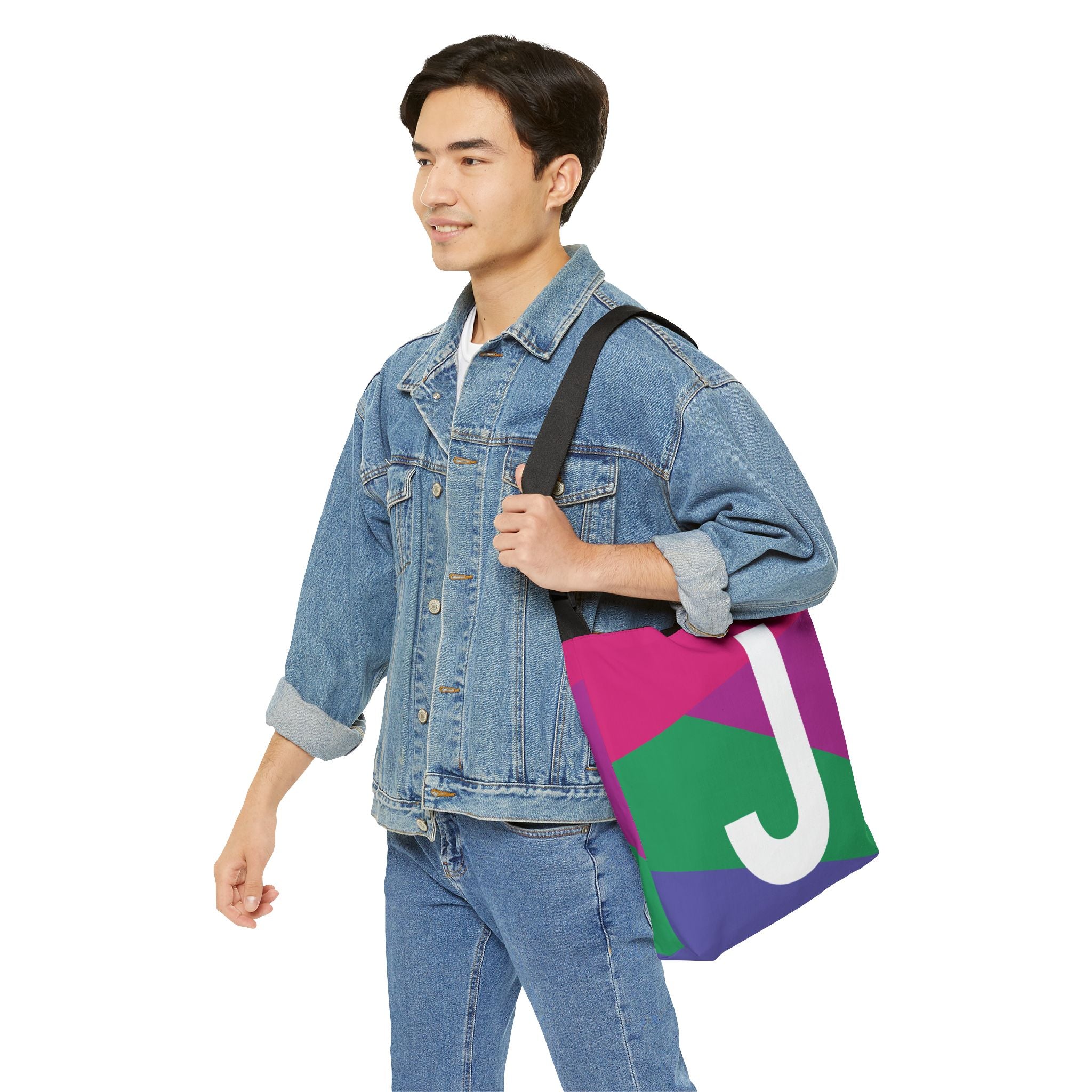 Initial Letter 'J' Colorblock Adjustable Tote Bag — Monogram Alphabet Shoulder Bag