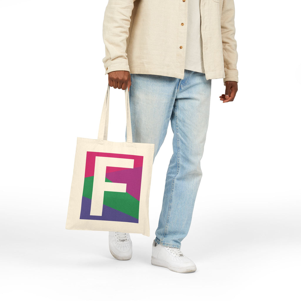 Initial F Colorblock Canvas Tote Bag — Monogram Letter F Reusable Grocery Tote