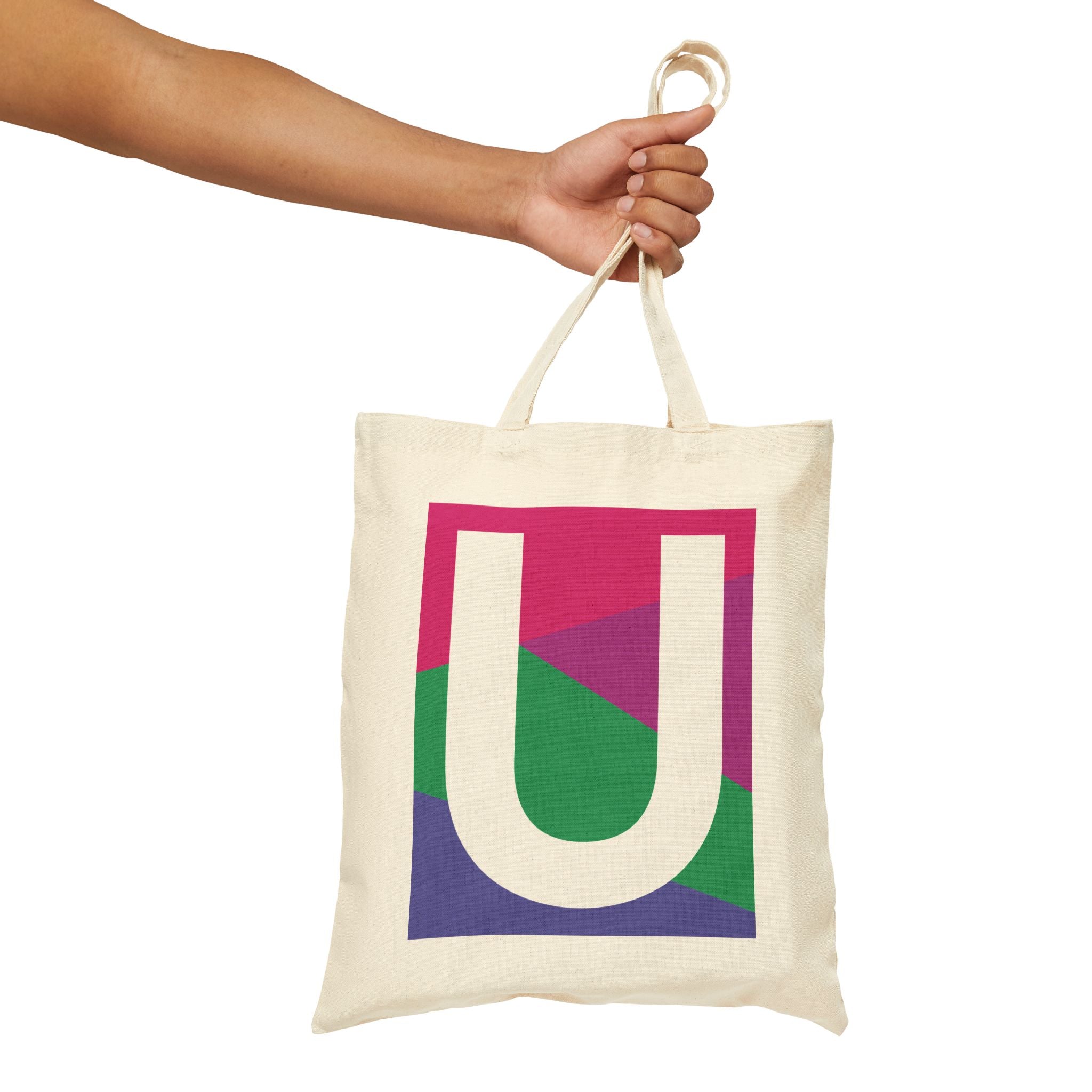 Initial U Colorblock Canvas Tote Bag — Monogram Letter U Reusable Grocery Tote